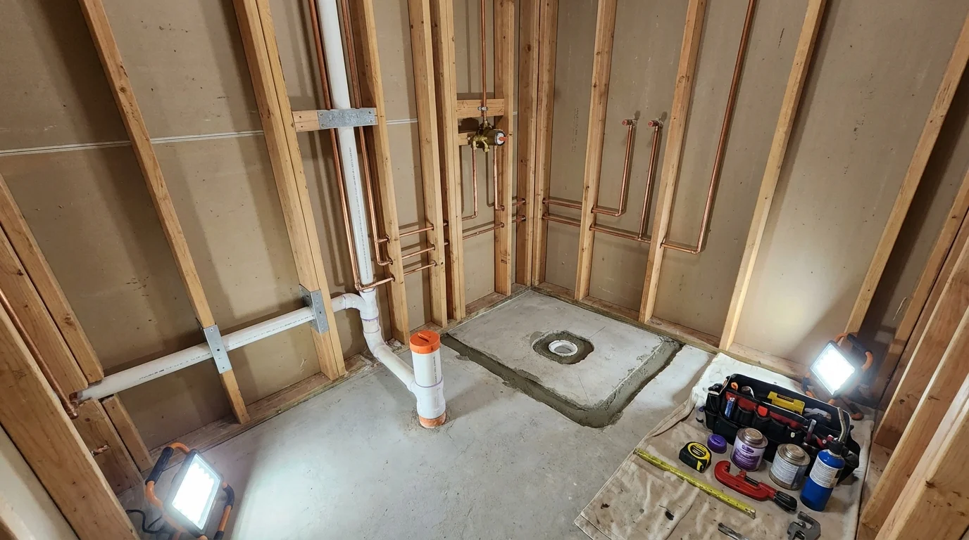 Bathroom rough-in plumbing during remodel by Johns Plumbing LLC in Gretna