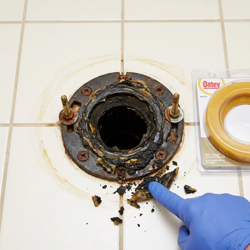 Failed wax ring showing water seepage at the base of a toilet in a Gretna, NE home