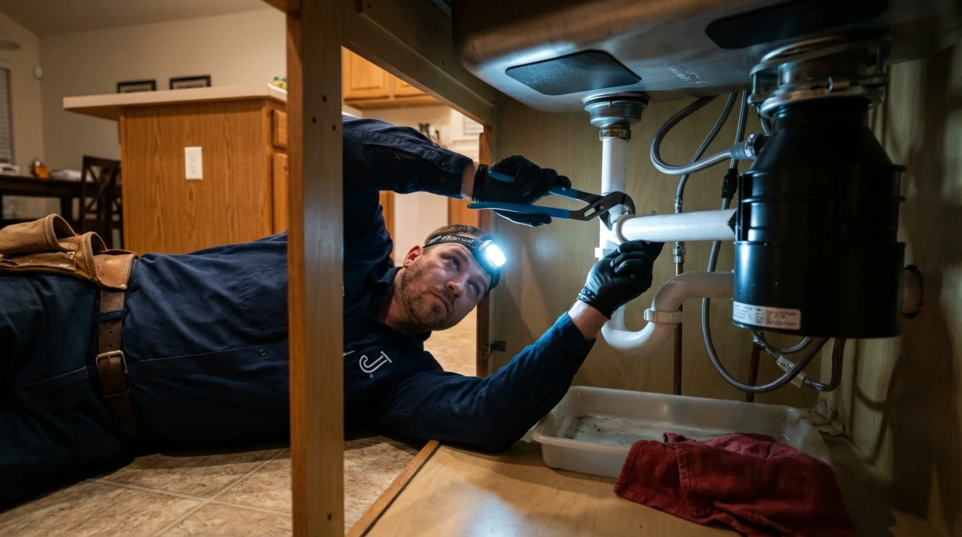 P-trap and supply line connections under a kitchen sink showing a common leak point in Gretna, NE
